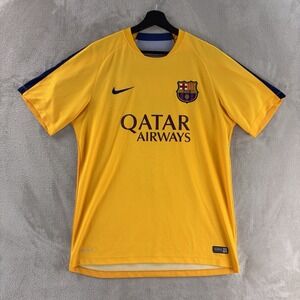 Nike FC Barcelona Soccer Jersey Kit Mens Size Large Yellow Dri Fit Qatar Airways
